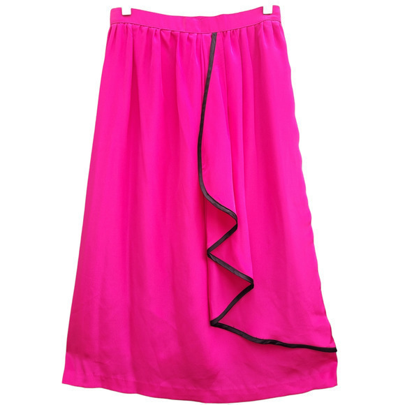 Vintage Pink Black Side Zip Ruffle Lined Barbiecore Flared Gathered Midi Skirt - Picture 1 of 10